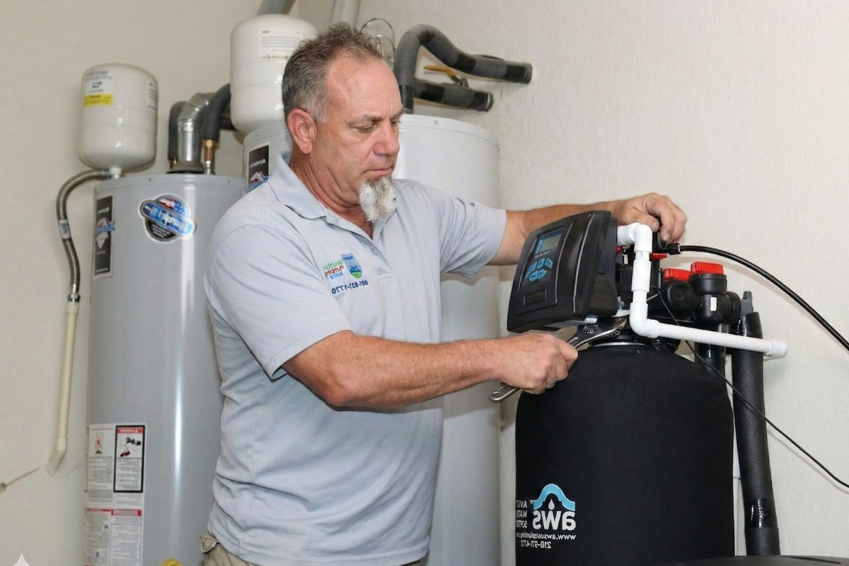 A man in a light gray polo shirt works on a black water filtration unit in a utility room. He's focused, with water tanks visible in the background