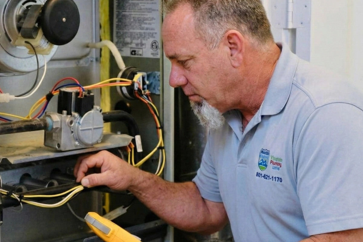 A technician in a light blue polo shirt uses a multimeter to test wiring inside an open furnace unit. (1)