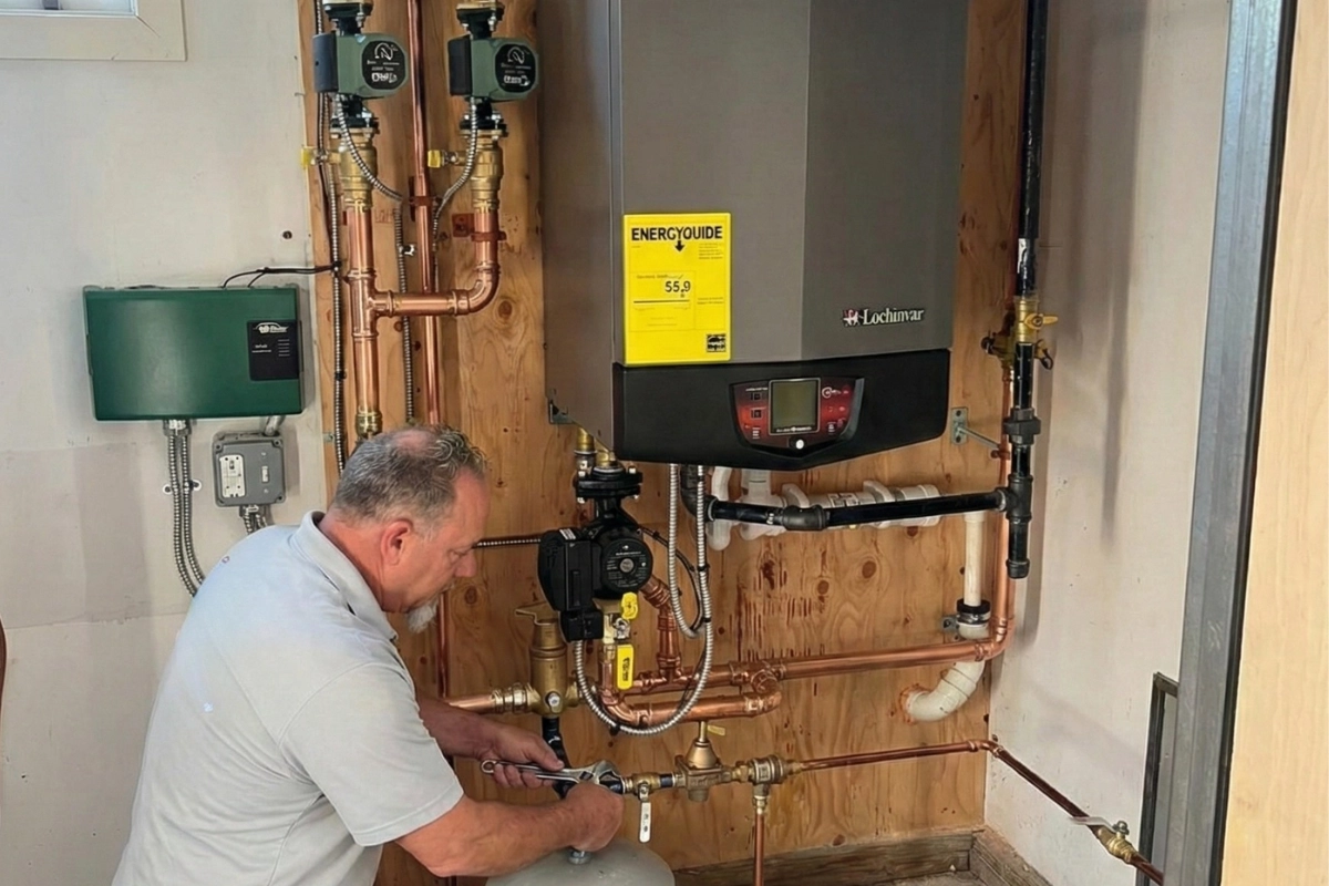 A technician kneels on a drop cloth, adjusting a pipe on a wall-mounted boiler in a utility room. Tools are scattered around, conveying a work-in-progress.
