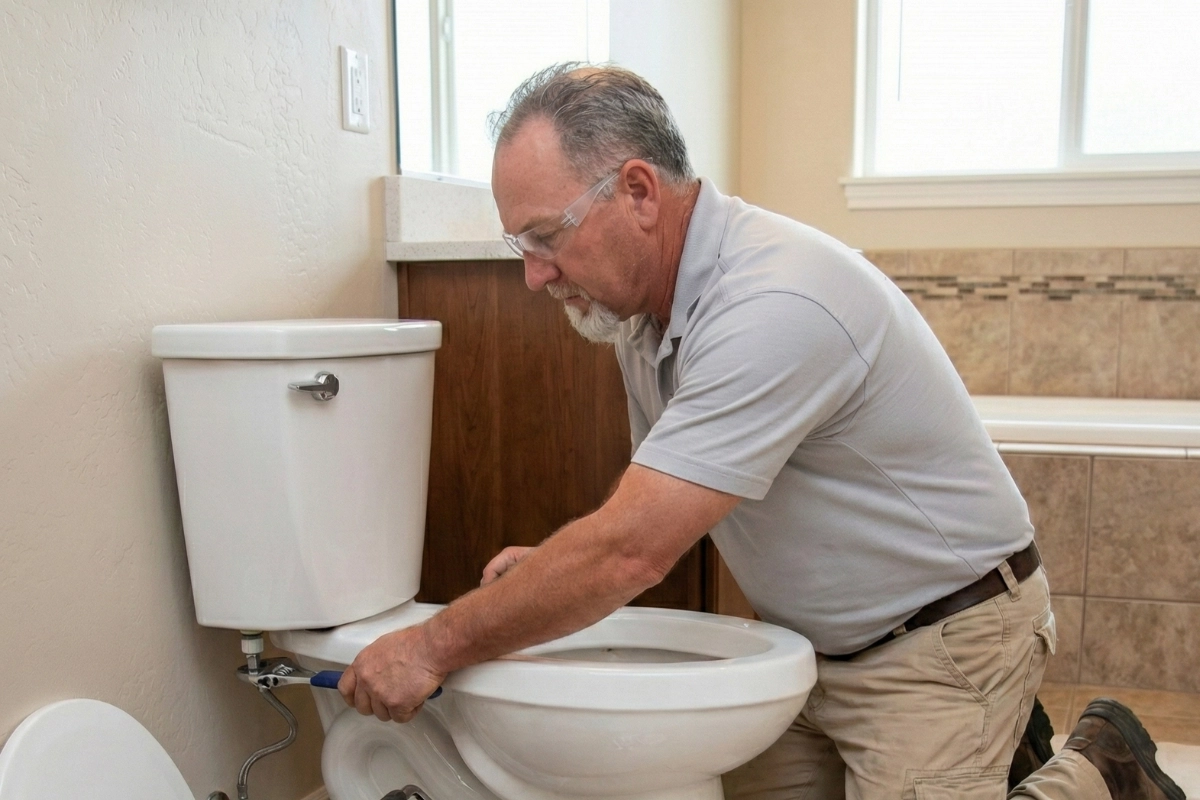 John A plumber, kneeling next to a toilet in a bathroom, is using tools for repair. Nearby is an open tool bag on a cloth. The scene conveys focus and professionalism.