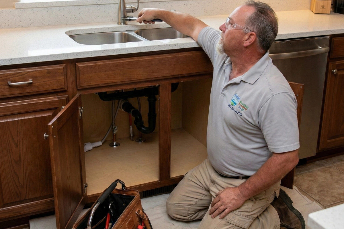 John kneels on a mat in a kitchen, adjusting a modern faucet over a stainless steel sink. Tools and parts are scattered nearby, with cabinet doors open.