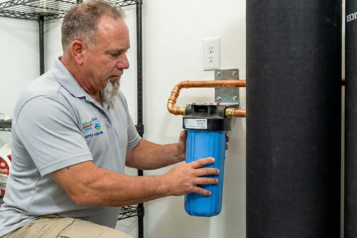 Man in a light gray polo shirt and khaki pants kneels while installing a blue water filter connected to copper pipes. Background shows storage shelves